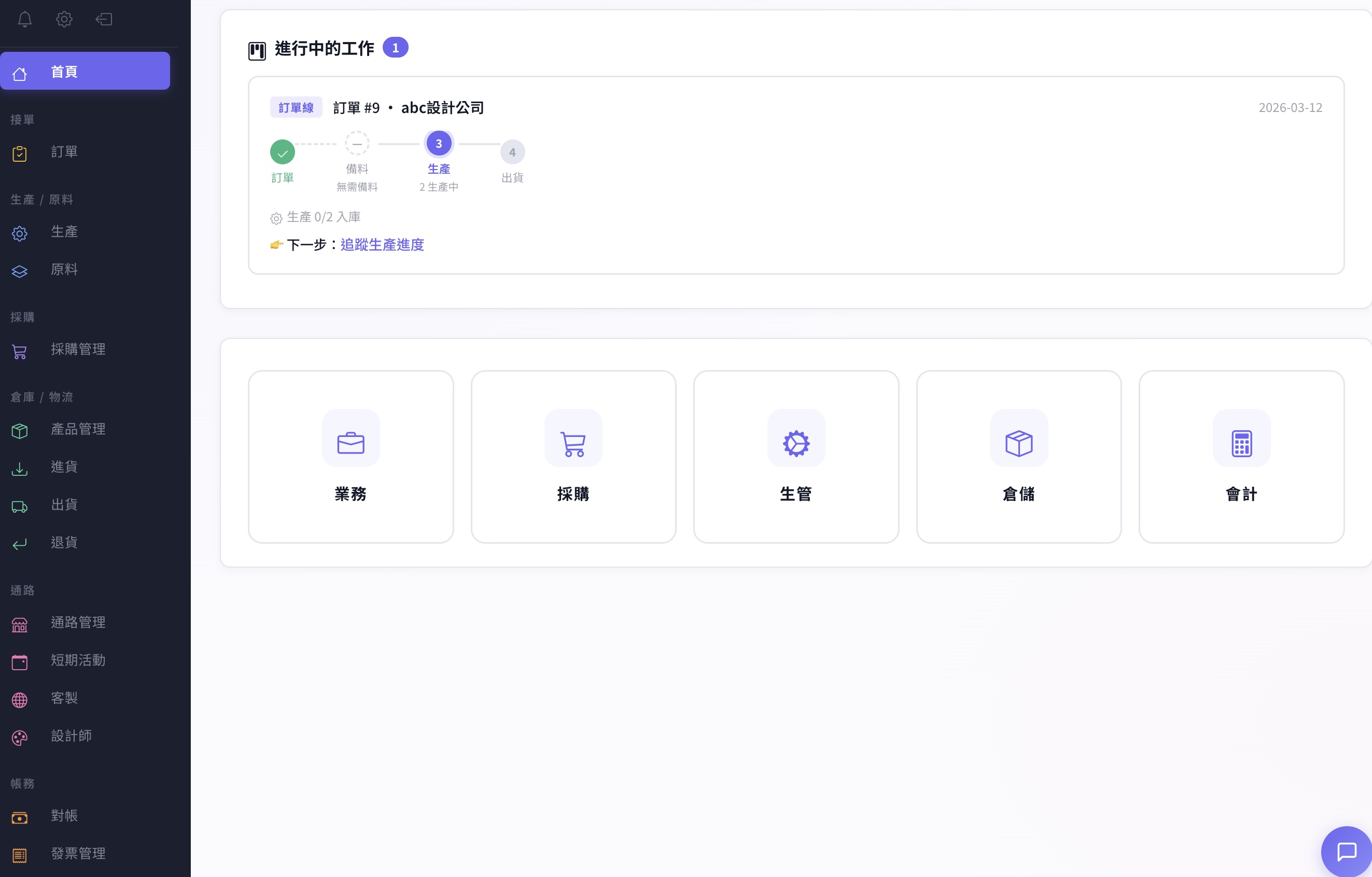 Consumer goods company: orders, materials, production, channels, and accounting ERP screenshot
