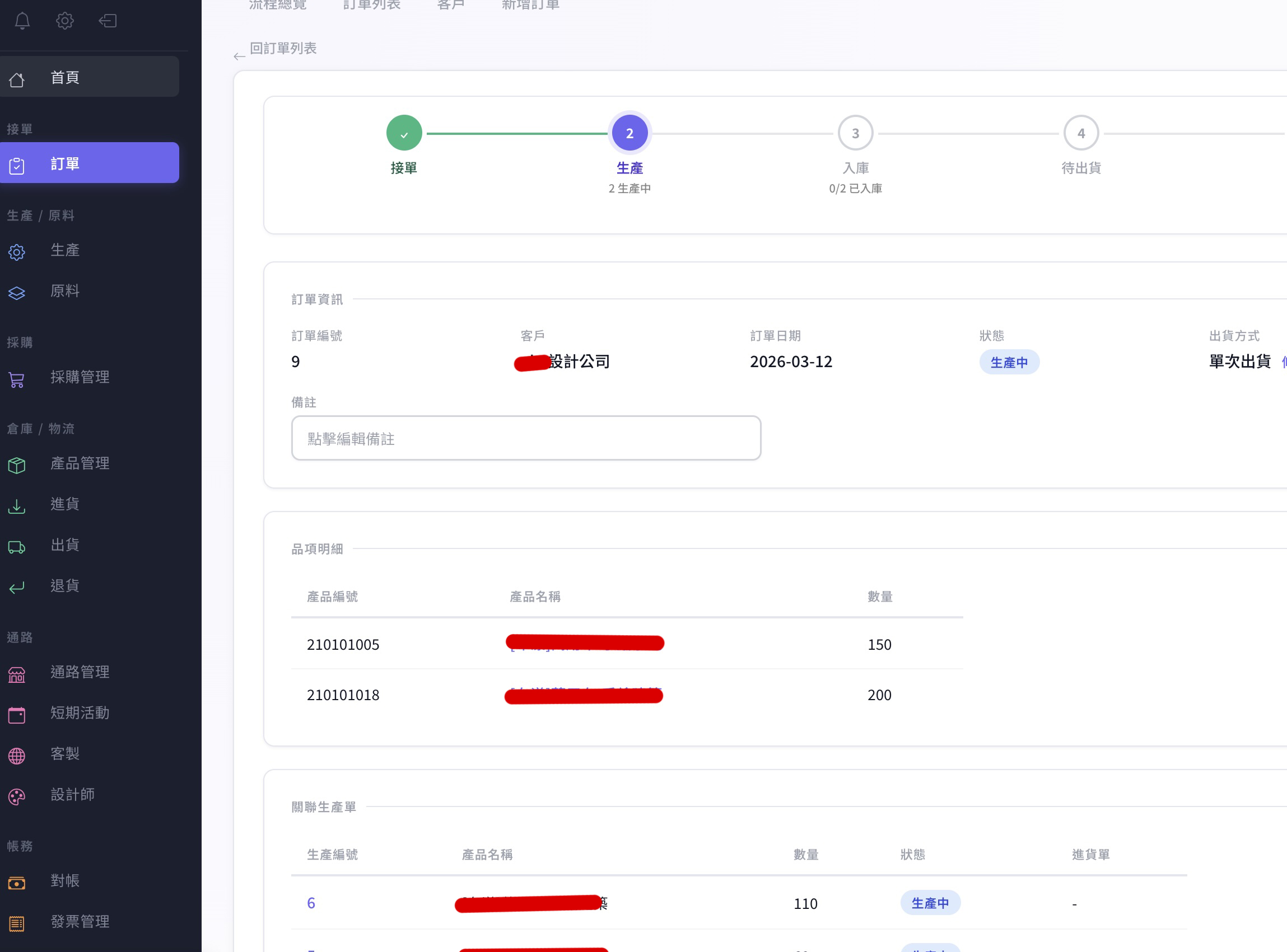 Consumer goods company: orders, materials, production, channels, and accounting: Order detail connected to production