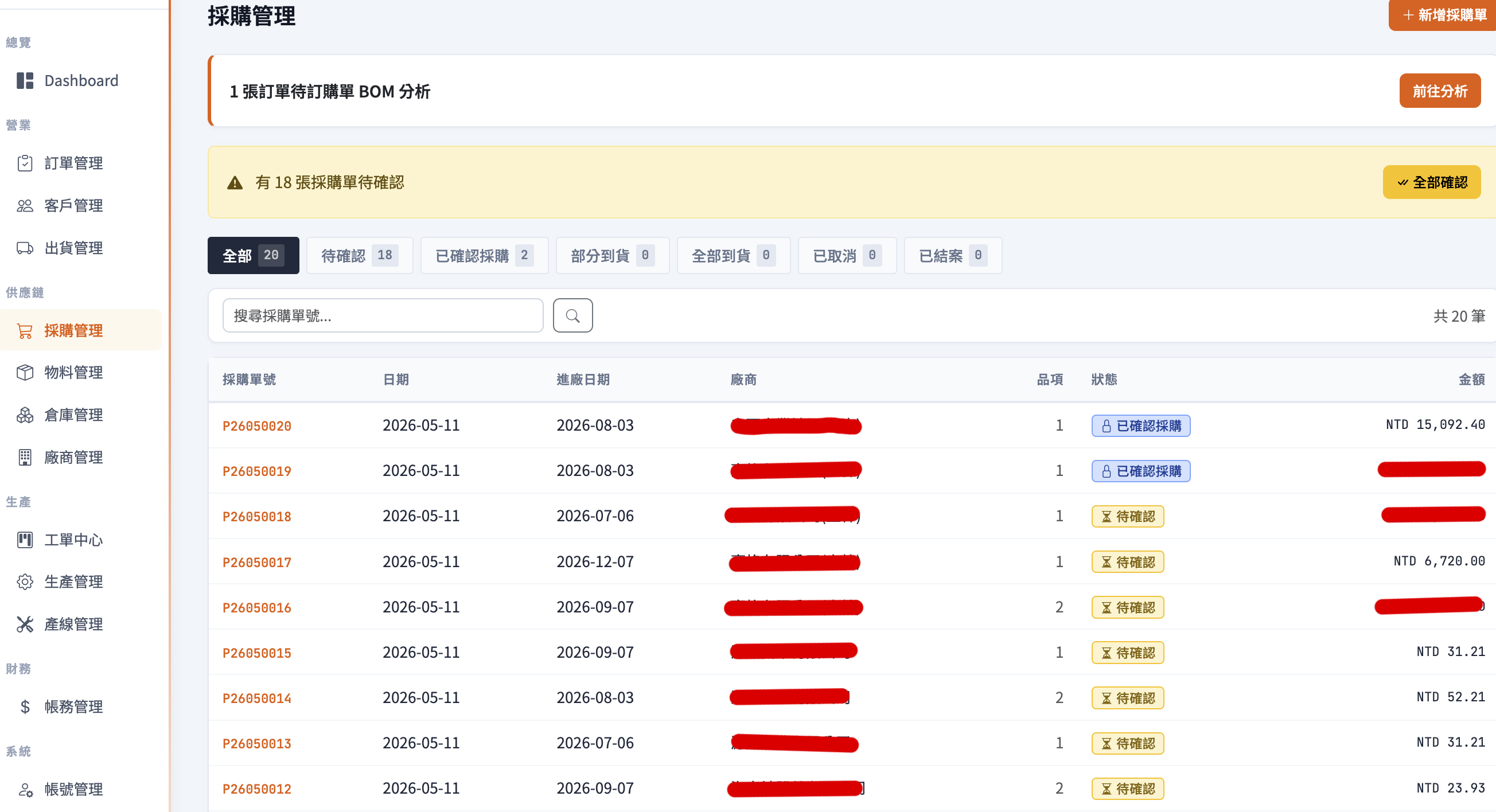 Traditional factory: BOM, purchasing, and work order flow: Purchase orders, BOM analysis, and receiving confirmation